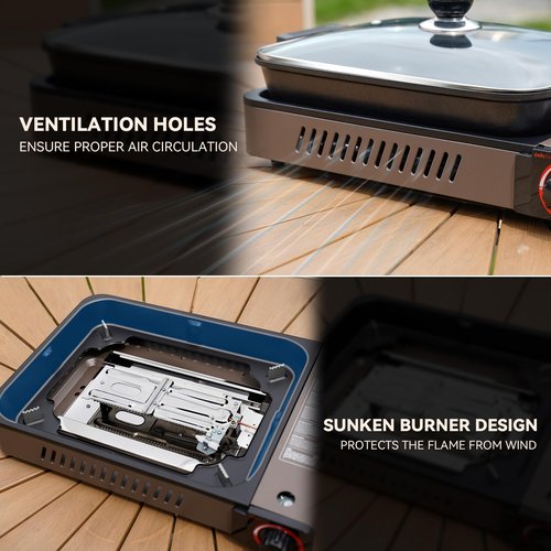 ONLYFIRE Butane Stove with Grill Pan, Portable Stove with Small Griddle & Lid, Camping Stove Instant Ignition, Camp Stove for Cooking, Patio Backyard, Camping, RV and Emergency Use, GS349