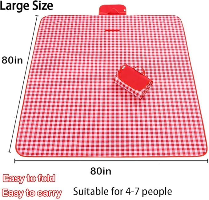 Extra Large 80x80 in Beach Blanket Outdoor Picnic Blankets, Foldable Waterproof Sand Free Beach Mats Picnic Mat for Festival BBQ Park Grass Lawn Camping Hiking Travel Concerts (Classic Red Check)
