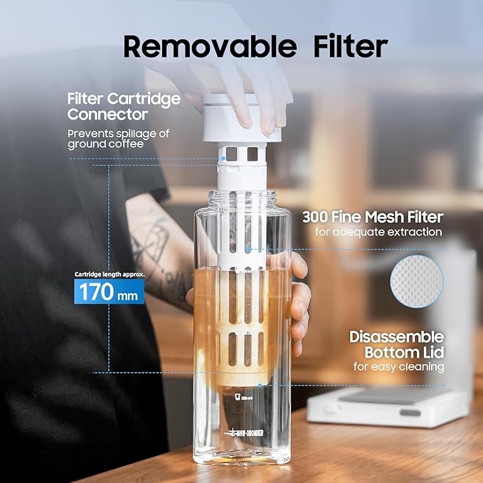 MHW-3BOMBER Cold Brew Coffee Maker Iced Coffee Tea Pitcher - 20oz Portable Brewing Coffee Cup with Filter - Reusable Tritan Material Bottle, Space-Saving Design, White CE6136-OS