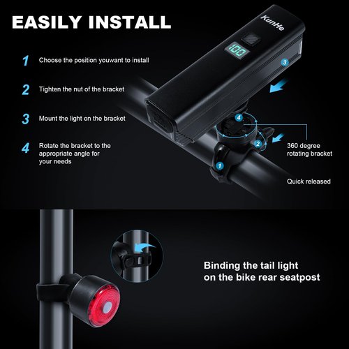 KUNHE 1200 High Lumens 4500 mAh Super Bright USB-C Rechargeable Bike Headlight & Tail Light Set Aluminium Alloy Super Bright Bike Light for Night Riding