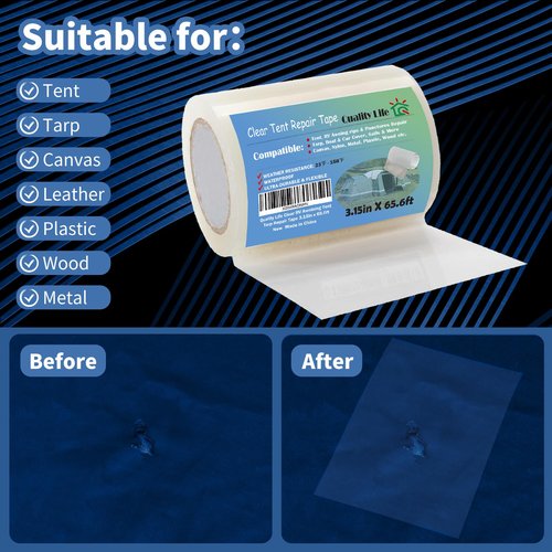 Quality Life RV Awning Repair Tape，Clear Tent Repair Tape Waterproof, for Tarp,Canvas，Boat Covers, Sail, Heavy Duty High Adhesive - 3.15in x 65.6ft