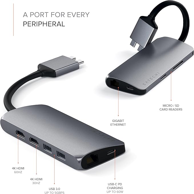 Satechi USB C Hub Dual Multimedia Adapter, USB C Docking Station with 2 4K HDMI, 60W USBC PD Charging, 2 USB-A Data, Ethernet, Micro/SD Card Readers, for MacBook Pro/Air M1 M2 M3 - Space Gray