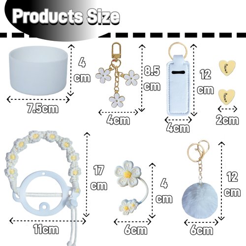 Klasikok Accessories for Stanley Cup,1 Handle Strap for Tumbler 40oz,1 Siliocne Water Bottle Boot,1 Straw Topper Cover,2 Charms Hooks,1 Lip Balm Holder Bag,1 Pompom Ball,1 Flower Charm(white)