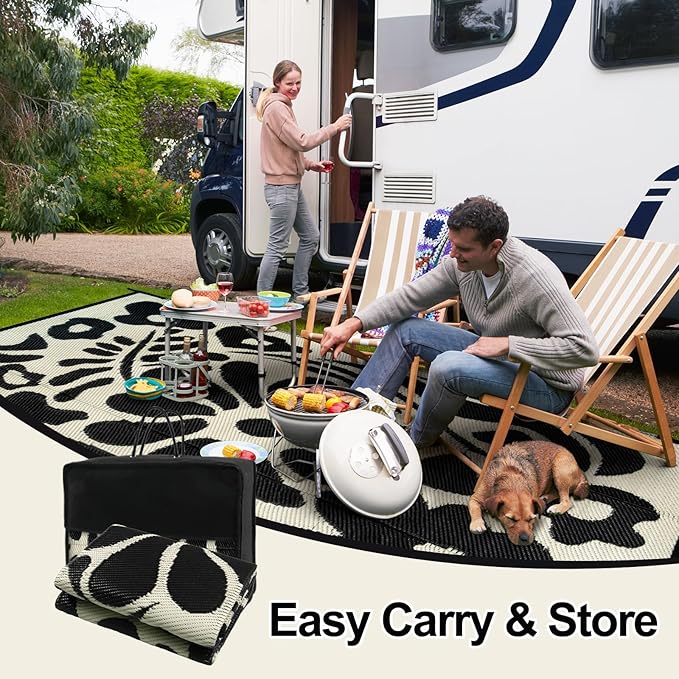 Wonnitar 8x10 Outdoor Patio Rug Clearance,Waterproof Plastic Straw Rugs Reversible Outside Large Mat,Abstract Floral Lightweight Carpet for Backyard Balcony RV Camping Deck (Black & White, 8'x10')