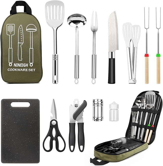 Camping Cooking Utensils Set, Stainless Steel Grill Tools, Camping BBQ Cookware Gear and Equipment for Travel Tenting RV Van Picnic Portable Kitchen Essentials Accessories