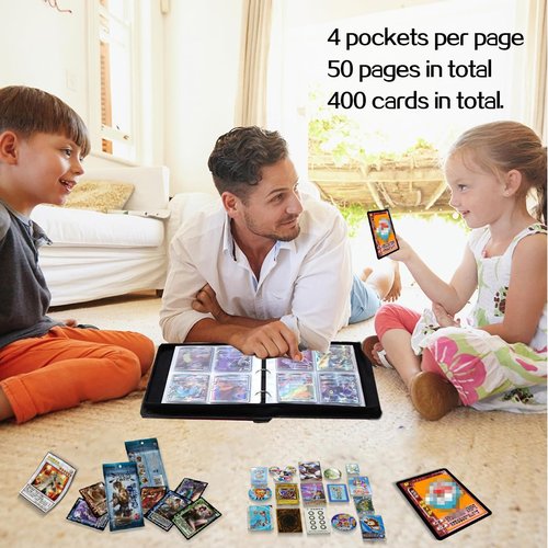 Collectible Trading Card Albums,4 Pocket Card Binder, 400 Double Sided Pocket PU Premium Zip Trading Collection Binder, Card Folder forTCG, Sports Cards (Black)