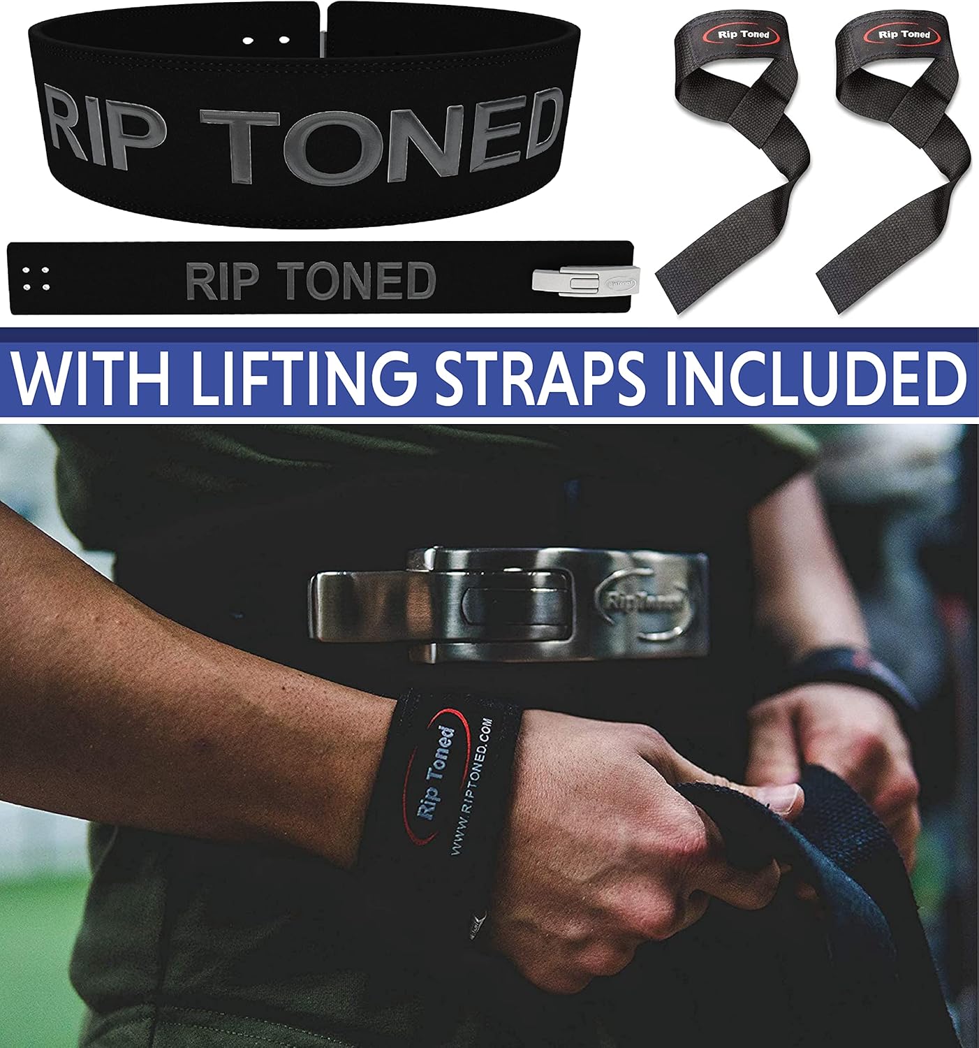 Rip Toned Lever Belt with Bonus Lifting Straps - 4" Leather Weight Lifting & Powerlifting Back Support - 10mm Belt for Strength Training, Xfit, Bodybuilding, MMA