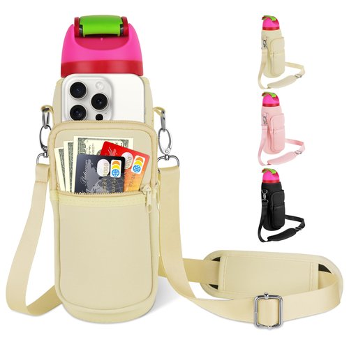 OriJoy Neoprene Water Bottle Carrier Bag Holder with Phone Pocket Compatible with Owala FreeSip 24/32/40 OZ, Tumbler Cup Accessories with Adjustable Strap for Phone Card Keys (Cream, 40 OZ)