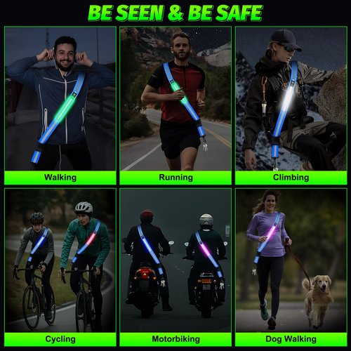 LED Running Gear High Visibility Reflective Belt Sash, Adjustable Night Walking Safety Gear, Rechargeable Light Up Running Reflective Belt for Runners Walkers Men Women(Blue)