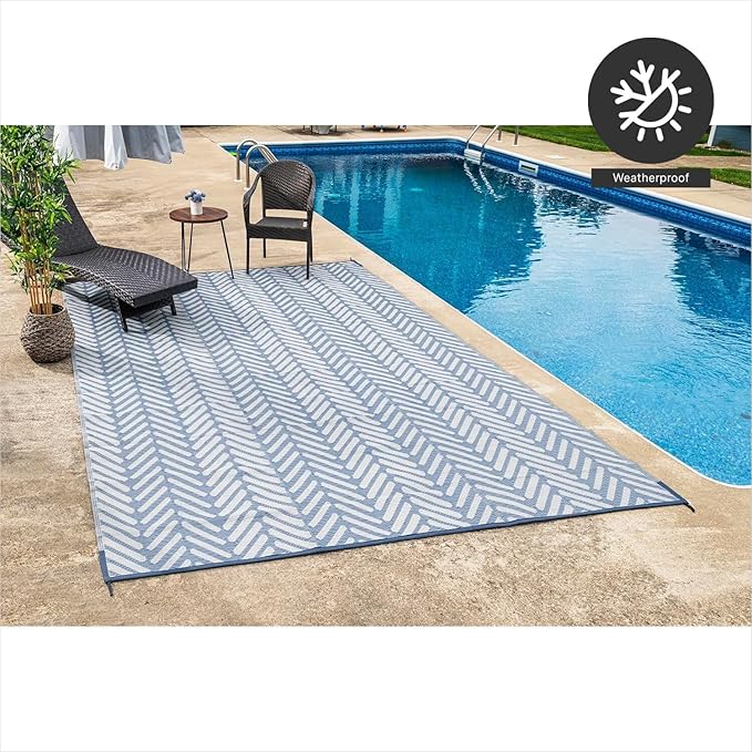 FH Home Outdoor Camping Rug - Waterproof, Fade Resistant, Reversible - Premium Recycled Plastic - Herringbone - Large Patio, Deck, Sunroom, RV - Fresno - Light Blue - 5 x 8 ft Foldable
