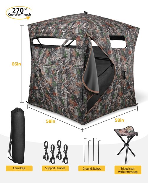 CVLIFE Hunting Blind 270 Degree See Through, Ground Blinds for Deer Hunting, 2-3 Person Pop Up Ground Blinds with Sliding Silent Windows, Portable Hunting Tent for Turkey Hunting
