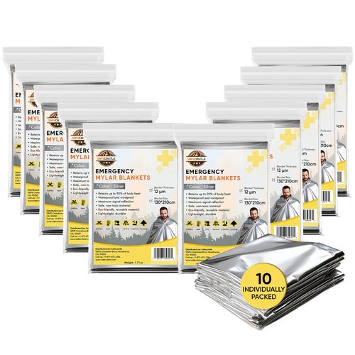 Emergency Mylar Blankets 130*210 Cm Large Reusable Thermal Space Blanket Survival Rescue Insulating Reflective foil kit Outdoors Hiking Camping Blanket First Aid Car Emergency Kit Pack of 10