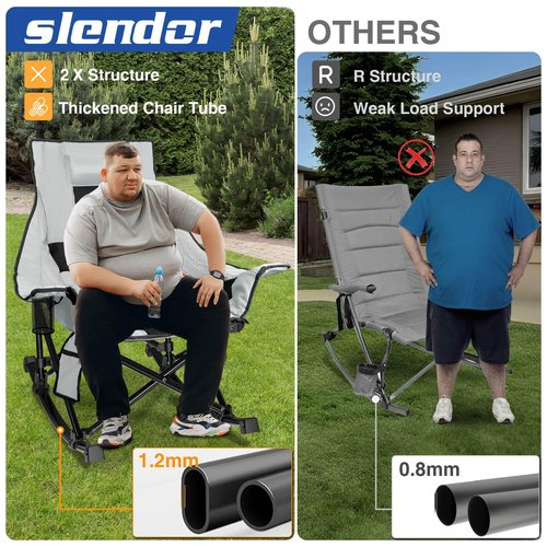Slendor Oversized Rocking Camping Chair, Heated Camping Chair with 3 Heat Levels, Portable Outdoor Rocker Chair, High Back, Pillow, Carry Bag, Padded, Supports 330 lbs, Grey