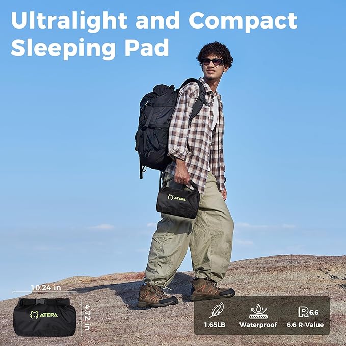 ATEPA ThermAir Pro Backpacking Sleeping Pad, 6.6 R-Value Insulated Ultralight Inflatable Sleeping Pad Camping Pad with 7 Layers & Storage Bag for Camping Backpacking, Wide Long Size (78"x27"), Bllack