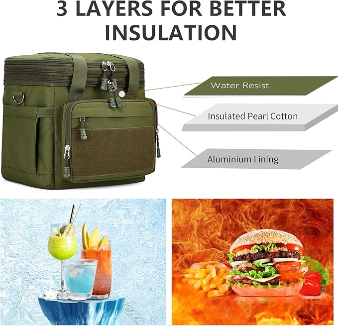 Large Tactical Lunch Box for Men, Insulated Lunch Bag Adult, Thermal Lunchbox Leakproof Waterproof Cooler Bag, Dual Compartment Lunch tote, Large Lunch Pail for Office Camping (Green)24L