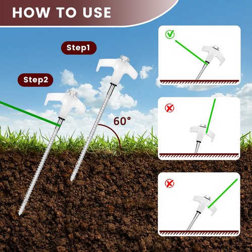 12 Pack Tent Stakes, 8" Ground Anchors Screw Drill in Heavy Duty Ground Pegs Camping Stakes Tent Pegs with Hex Head Driver, Spikes Puller, 4x10ft Rope and Storage Box