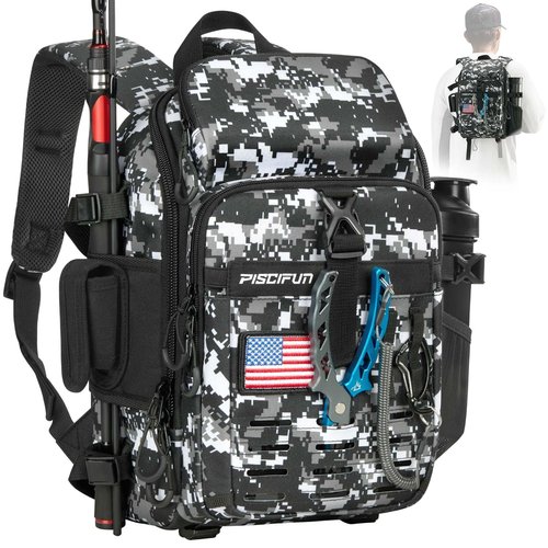 Piscifun Fishing Tackle Backpack with Rod & Gear Holder, Lightweight Outdoor Water-Resistant Fishing Shoulder Storage Bag with Protective Rain Cover, Digital Camouflage