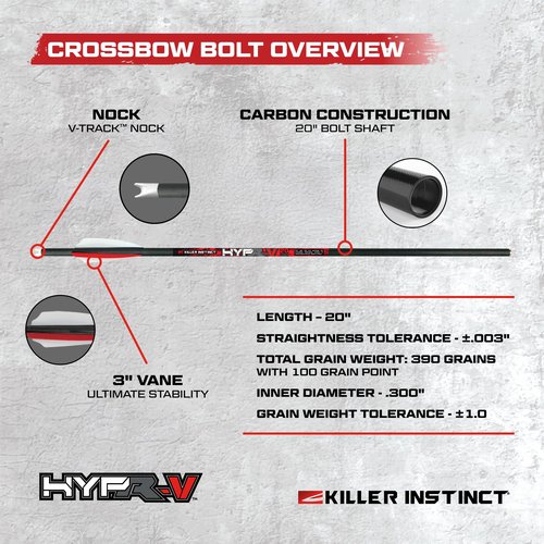 Killer Instinct Hypr-V 20" Crossbow Bolts 6-Pack - V-Track Nock System 390 Grain Total Weight with .003" Straightness Tolerance