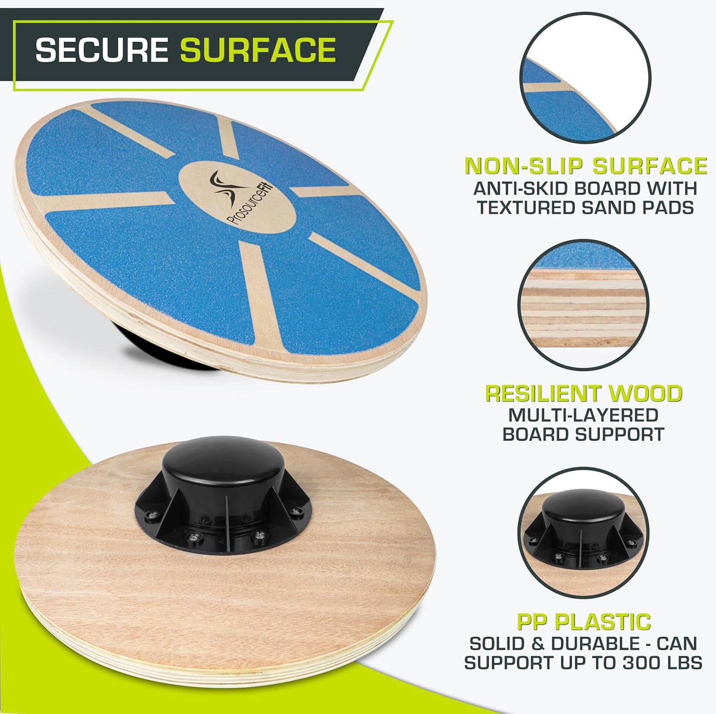 ProsourceFit Wooden Balance Board Non-Slip Wobble Core Trainer 15.75in (39.5cm) Diameter with 360 Rotation for Stability Training, Full Body Exercises, Physical Therapy