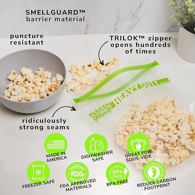 Smelly Proof REUSABLE STORAGE BAGS, Large HEAVY DUTY 5-mils US-Made BPA FREE, NO PEVA, Dishwasher-Safe Reusable Freezer Bags CLEAR FLAT Quart 10" x 8.5" 5pk