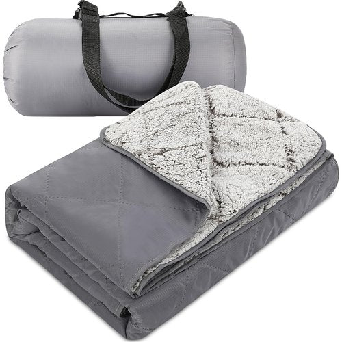 Tranqun Large Outdoor Blanket 78'' x 55'' Quilted Windproof Waterproof Gray Fleece Sandproof Stadium Foldable Warm Blanket for Camping Picnic Sporting Events Cold Weather