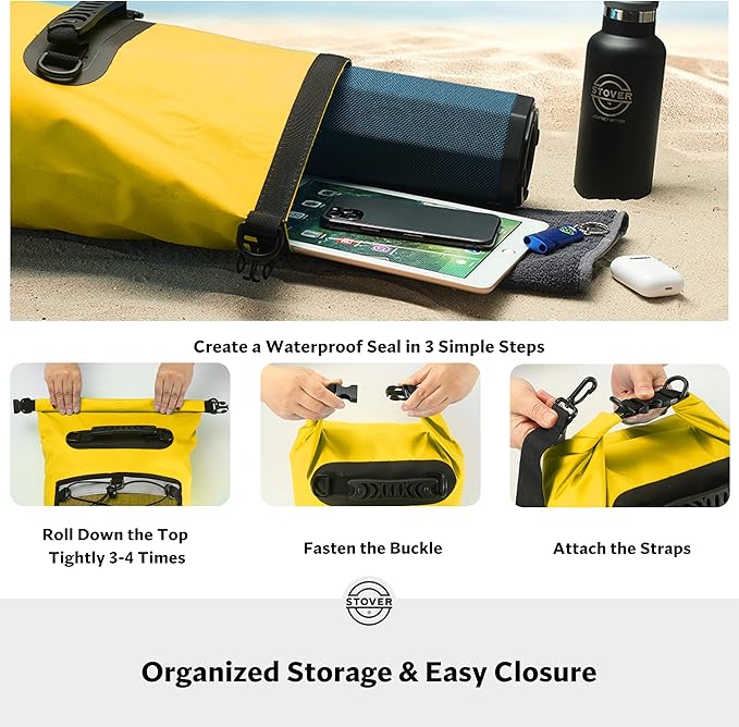 STOVER 5/10/25/30/40/55L Waterproof Dry Backpack- Medium Floating Dry Bag for Kayaking, Travel, Tubing, Hiking, Fishing, Camping, Motorcycles & Beach, Heavy-Duty Roll Top Men/Women (Yellow)