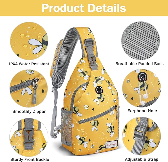 ZOMAKE Sling Bag for Women Men, Small Crossbody Sling Backpack, Mini Water Resistant Shoulder Daypack for Travel, Anti Thief Chest Bag for Hiking, Sports(Bee Yellow)