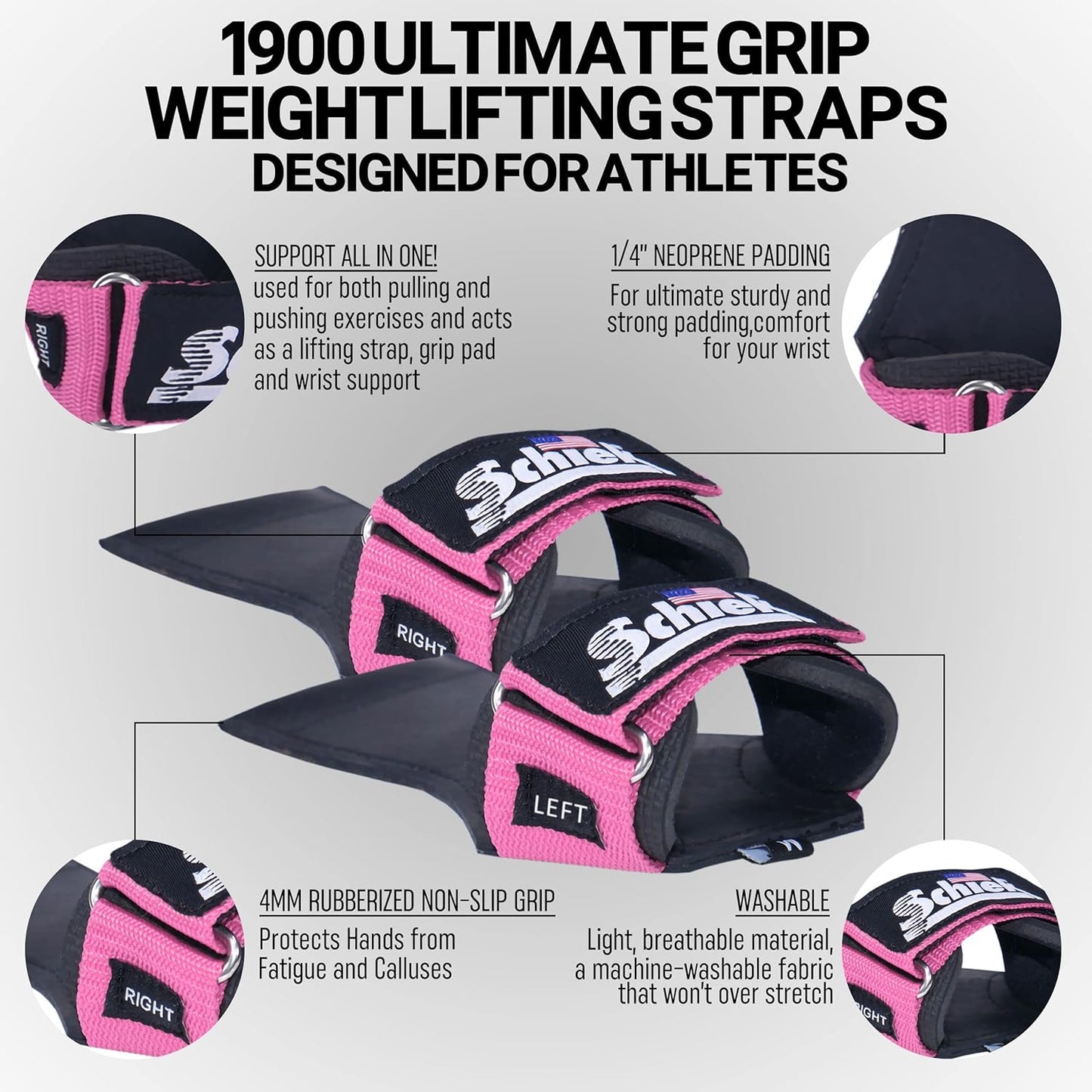 Schiek Sports 1900 Ultimate Hand Grip - 9 mm Thick Neoprene Grips for Weight Lifting - Ultra Durable Non Slip Secure Grip