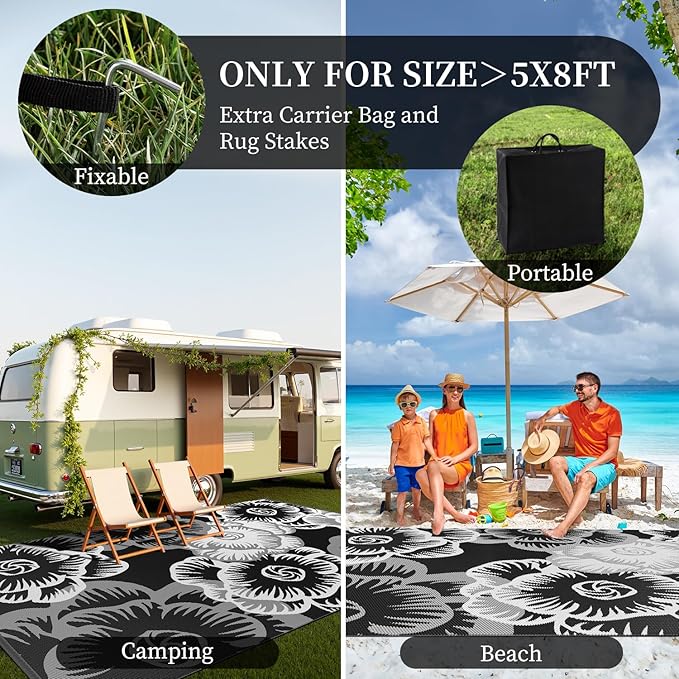 MontVoo Outdoor Rug-Waterproof Patio Rug Mat 5x8 ft Outdoor Carpet Mat Reversible Plastic Straw Outside Outdoor Rug for RV Camping Picnic Beach Balcony Backyard Pool Deck Porch Farmhouse Floral Black