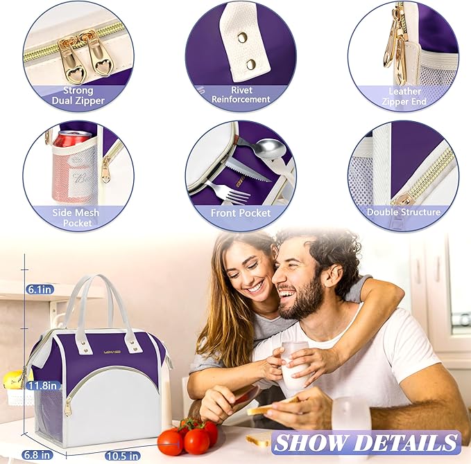 LOKASS Lunch Bag Women Insulated Lunch Box, Wide-Open Lunch Tote Bag Leak-proof Cooler Bag for Work Picnic-（Purple）
