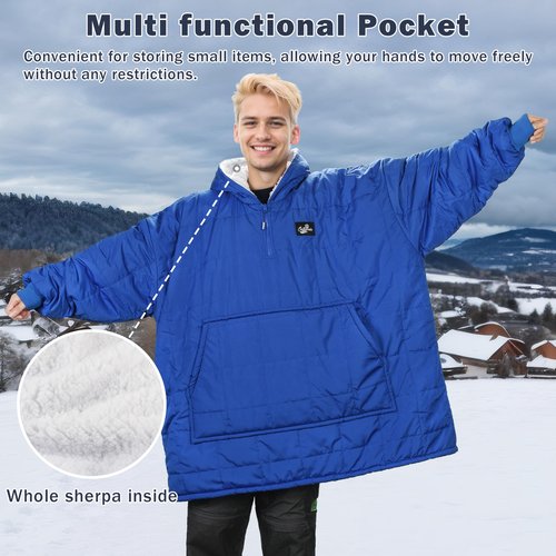 Catalonia Outdoor Windproof Wearable Stadium Blanket, Oversized Waterproof Wearable Blanket Poncho, Warm Insulated Hooded Coat for Football Games, School Sporting Events, Camping, Travel, Blue