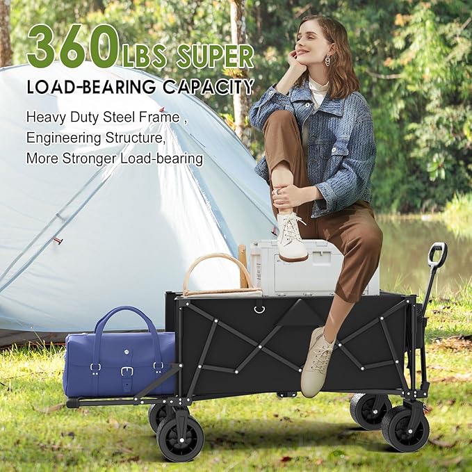 ZENPETIO 49" Collapsible Wagons Carts Foldable with Tailgate, 300L Heavy Duty Folding Wagon Cart with Big All-Terrain Beach Wheels, 360 LBS Capacity Portable Utility Wagon for Garden Outdoor Camping