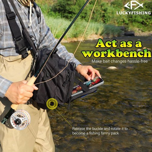 LUCKYFISHING Fishing Backpack Fishing Sling Bag Fly Bag Lightweight with 6PCS Fish Style-DIY Embroidery Patches Gift for Men