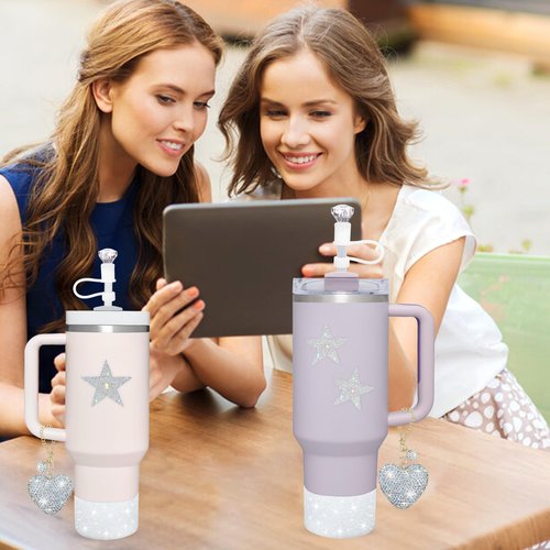Etyishe 8 Pcs Cup Accessories Set for Cup 40&30oz,Including Diamond Straw Cover,Glitter Silicone Boot,Glitter Heart Charms for Handle and 5pcs Rhinestone Star Stickers for Tumblers(Silver)