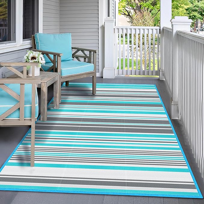 Outdoor Patio Plastic Rug Waterproof - Outdoor Rugs for Camper Outside, Rv, Porch Deck Rug Clearance, Area Carpet for Outside, Balcony, Patio Decor, Blue & Grey, 4x6 ft