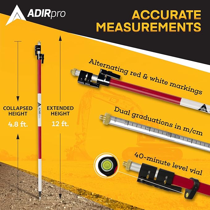AdirPro Aluminum Prism Pole - Telescopic 12’ (3.7m) - Adjustable Tip – Quick Release Clamp - Metric Graduation - Strong & Lightweight GPS Pole - for Use with Prisms - Rover Rod - GNSS Instruments