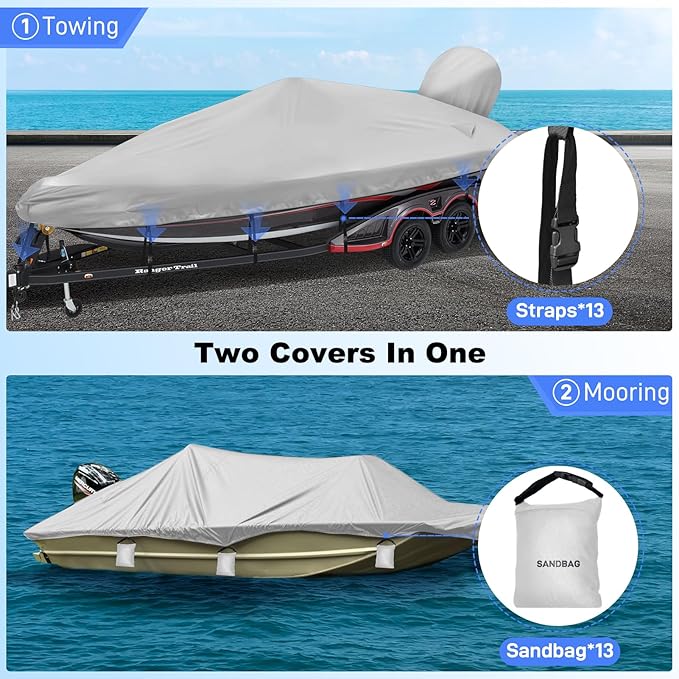 Boat Cover 20-22ft,Bass Tracker Boat Cover with Sand Bag Mooring Kit,1200D Marine Canvas Waterproof Heavy Duty Boat Covers for 20 feet 21ft 22' Foot V Hull Bass & Runabout Boat,Gray