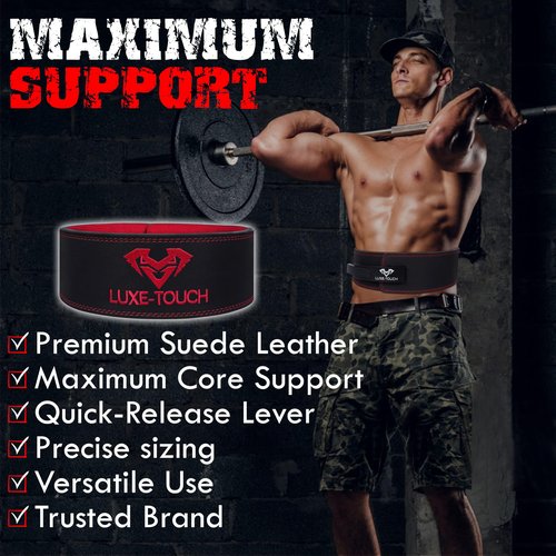 LUXE-TOUCH. 10mm Premium Leather Lever Belt, Squats Deadlifts Bodybuilding Weight Lifting Powerlifting Lever Gym Belt. Lower Spine Support Leather Belt. Premium Quality Belt with Stainless Steel Lever (Red, Medium (32" - 36"))