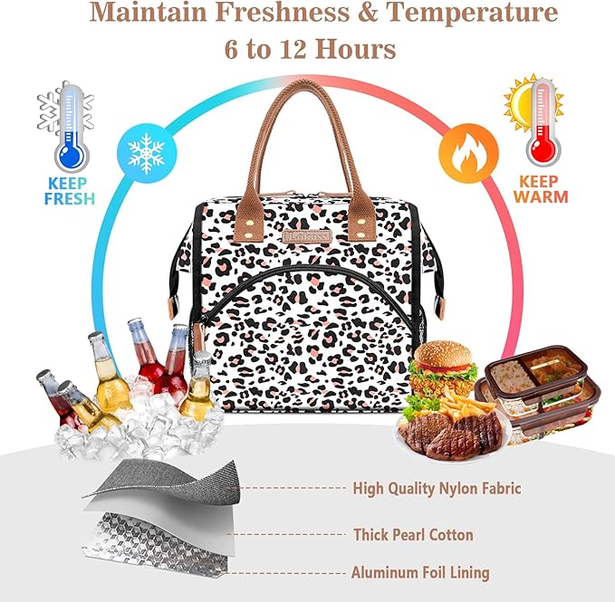 LOKASS Lunch Bag Women Insulated Lunch Box Wide-Open Lunch Tote Bag Large Cooler Bag for Work Picnic Hiking Beach Fishing（Leopard）