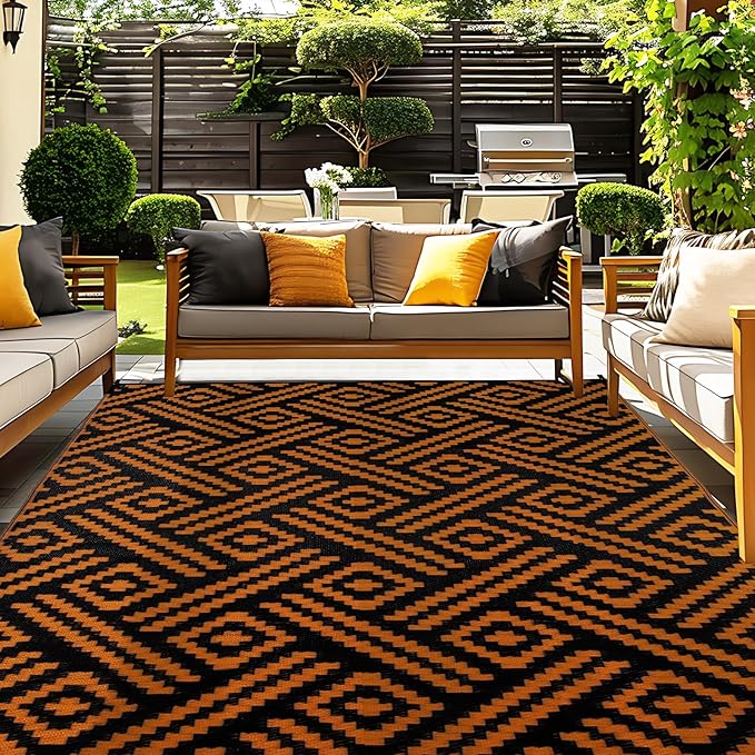 OPPODREAM Outdoor Rug 8x10 Patio Waterproof, Large Outdoor Plastic Straw Rug, Reversible Out Door Carpet for Camping, Deck, Rv, 8 x 10 Area Carpet for Balcony, Porch, Backyard, Black and Orange