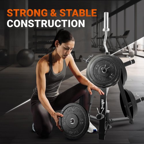 Metal 6-Peg Olympic Weight Plate Tree and Vertical BarBell Holder + Weight Holder Attachment