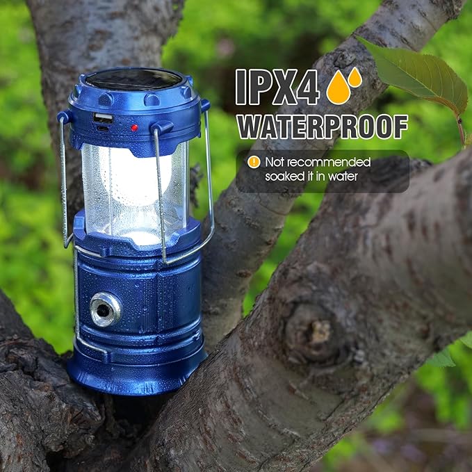 Solar Camping Lantern for Power Outages - USB Rechargeable Lamp Camping Essentials，Collapsible Waterproof Solar Lights for Indoor Outdoor Emergency Light/2 Packs/Blue