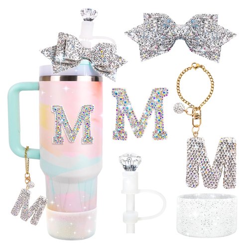 Lingdeer Water Bottle Accessories Set for Stanley Cup 30&40Oz, Bling Letter Charms, Diamond Straw Cover, Glitter Silicone Boot, Personalized Sticker, Bow Straw Topper for Stanley Cup Accessories (M)