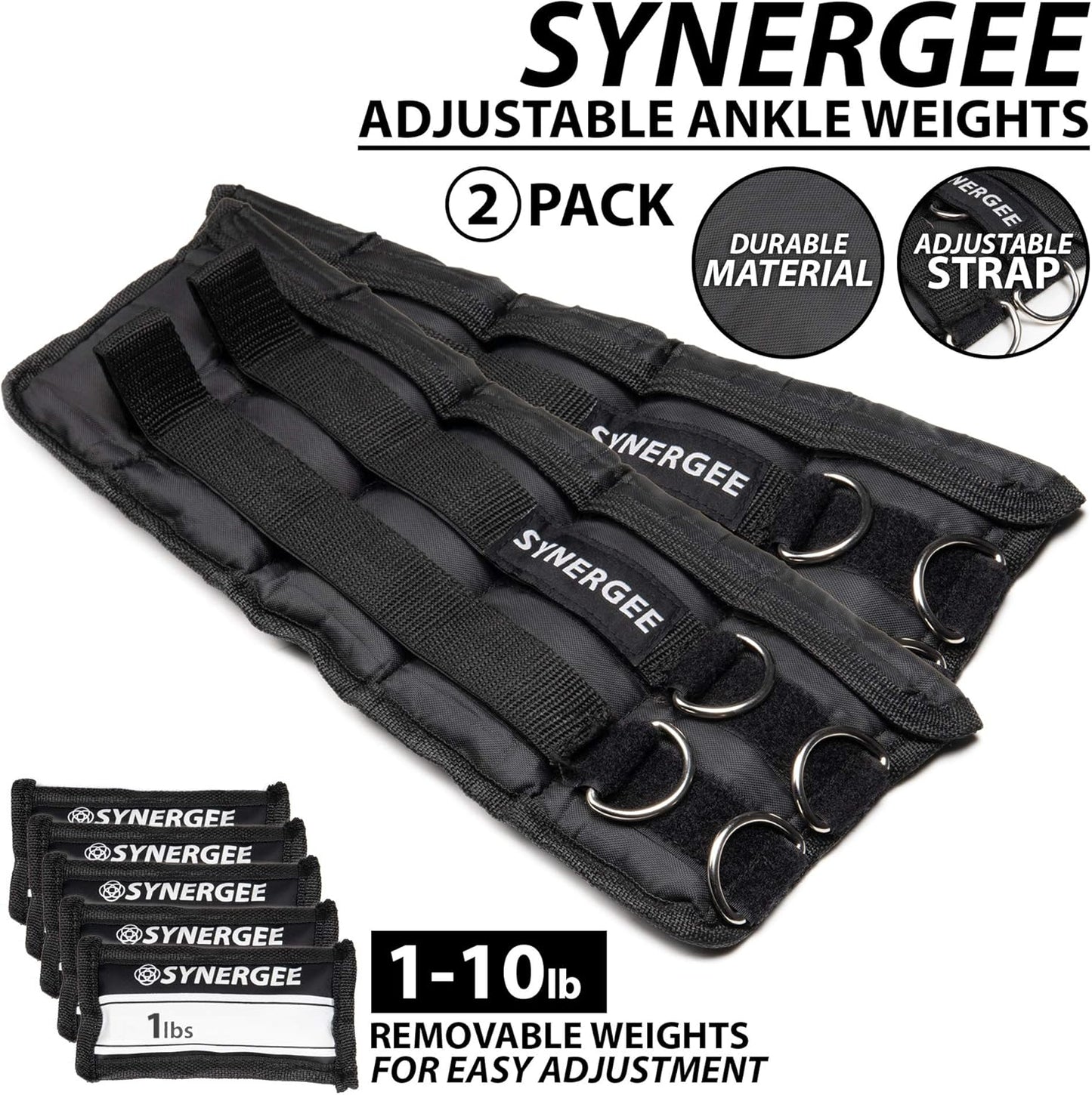 Synergee Comfort Fit Adjustable Ankle/Wrist Weights (Set of 2). Available in 5lb, 10lb & 20lbs. One Size Fits All.