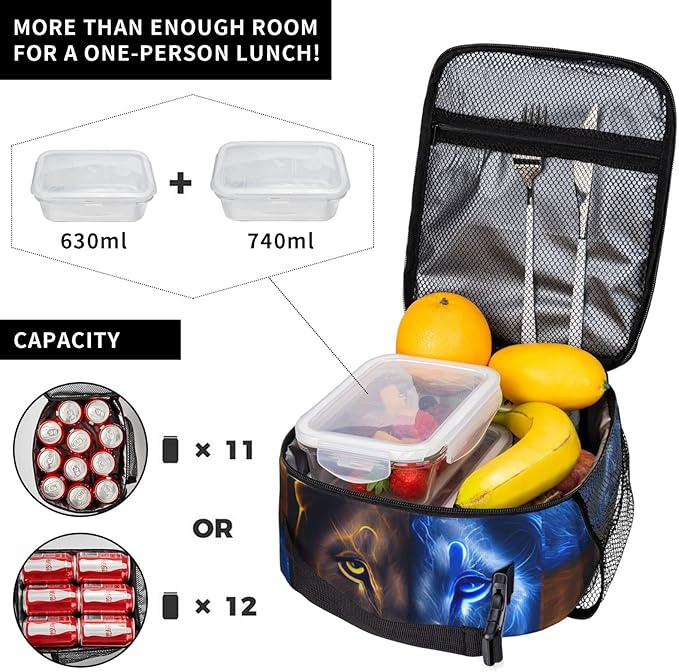SARA NELL Cool Lion Insulated Lunch Bag Ice and Fire Lion Lunch Cooler Box for Women Men Teens Kids, Reusable Lunch Tote Bag, Thermal Insulated Lunch Bags for Work, Picnic, School or Travel