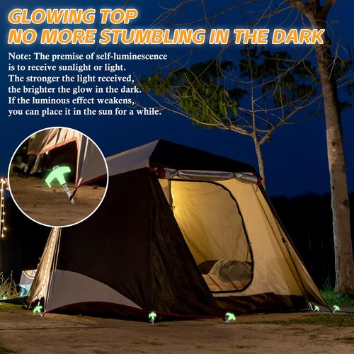 NVAAV 20 Pcs 8" Heavy Duty Drill Tent Stakes with Storage Bag, Glow-in-The-Dark Ground Anchor Peg, Metal Threaded Screw-in Tent Stake for Camping Swing Canopies with 1 Hex Nut Driver, Peg Puller