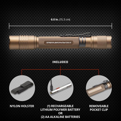 Streamlight 88137 ProTac 2AA-X 550-Lumen Multi-Fuel Personal Carry Tactical Flashlight with USB-C Rechargeable Battery, Coyote