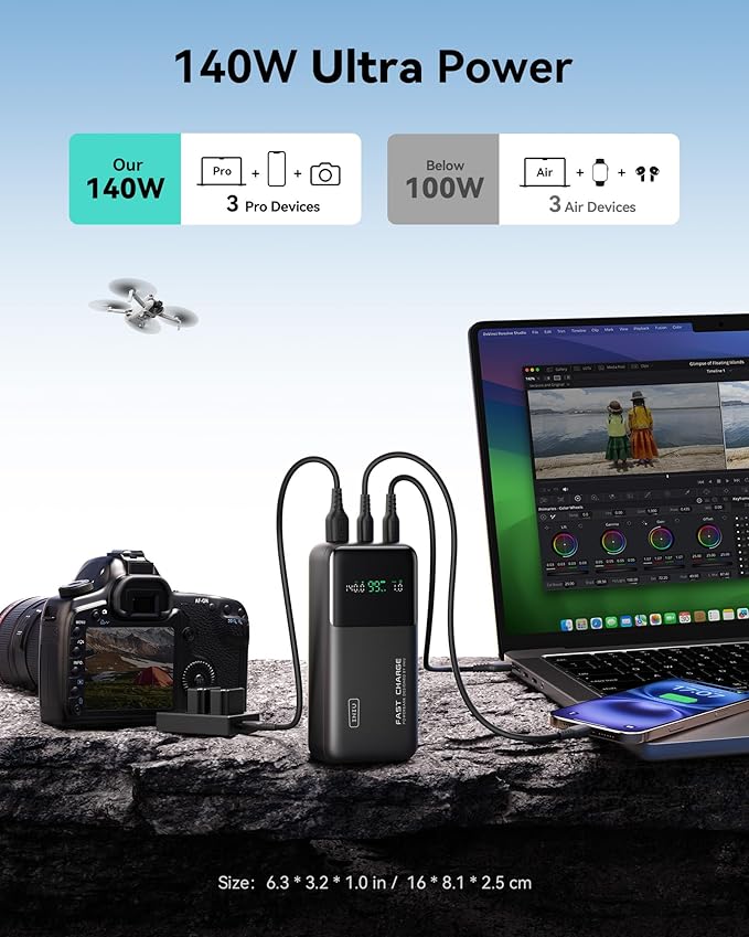 INIU 140W Power Bank, Compact 25000mAh High Capacity Laptop Portable Charger, USB C in&Out Tablet Powerbank, Smart Digital Display Phone Charger for iPhone 16 15, Samsung, iPad, MacBook, Laptop etc.