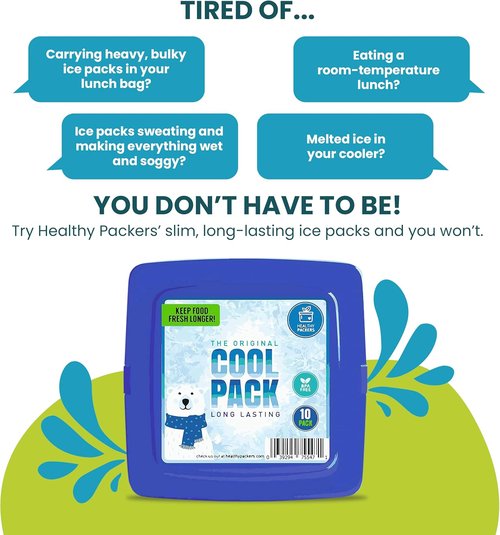 Healthy Packers Ice Packs for Lunch Bags - Freezer Packs - Original Cool Pack | Slim & Long-Lasting Reusable Ice Pack for Lunch Box and Cooler Bag (Set of 10)