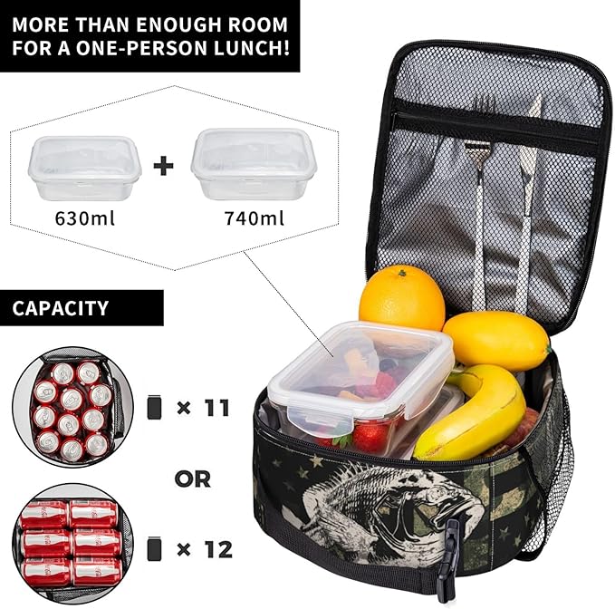 Fishing Camouflage American Flag Bass Lunch Box, Portable Insulated Lunch Bag with Detachable Handle,Reusable Lunchbox for Boys Girls Men Women Adults